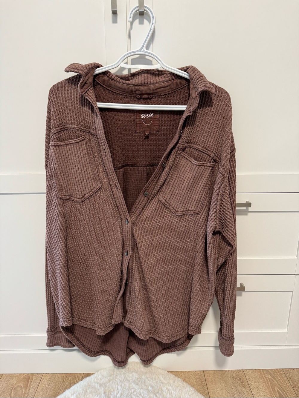 aerie Waffle Knit Button-Up Cardigan in Mauve Brown